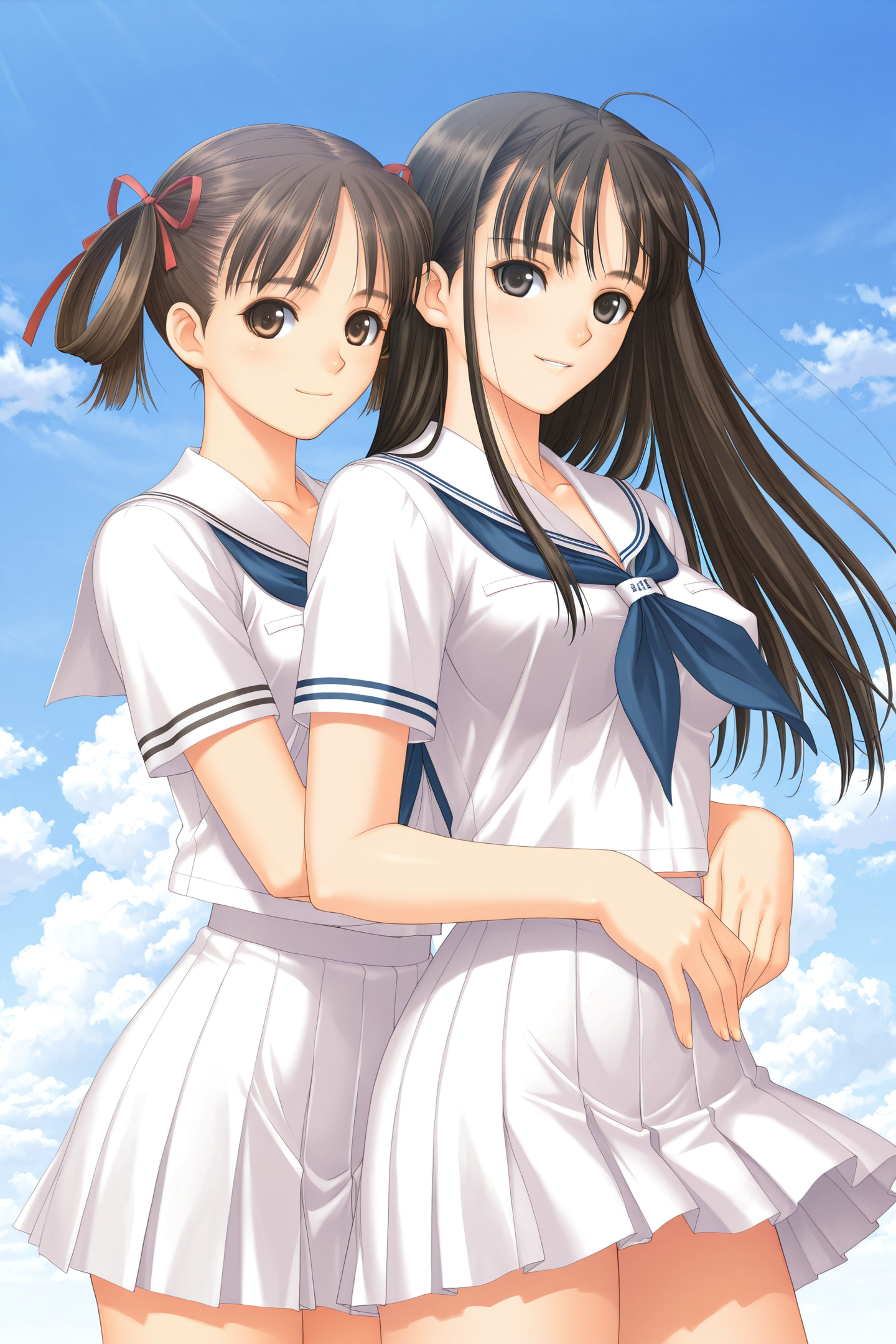 46081-2517005377-Game CG Style,Natsume Sorayama,Asa Mizushima,2girls,school uniform,long hair,black eyes,brown hair,black hair,sky,cloud,brown ey.png